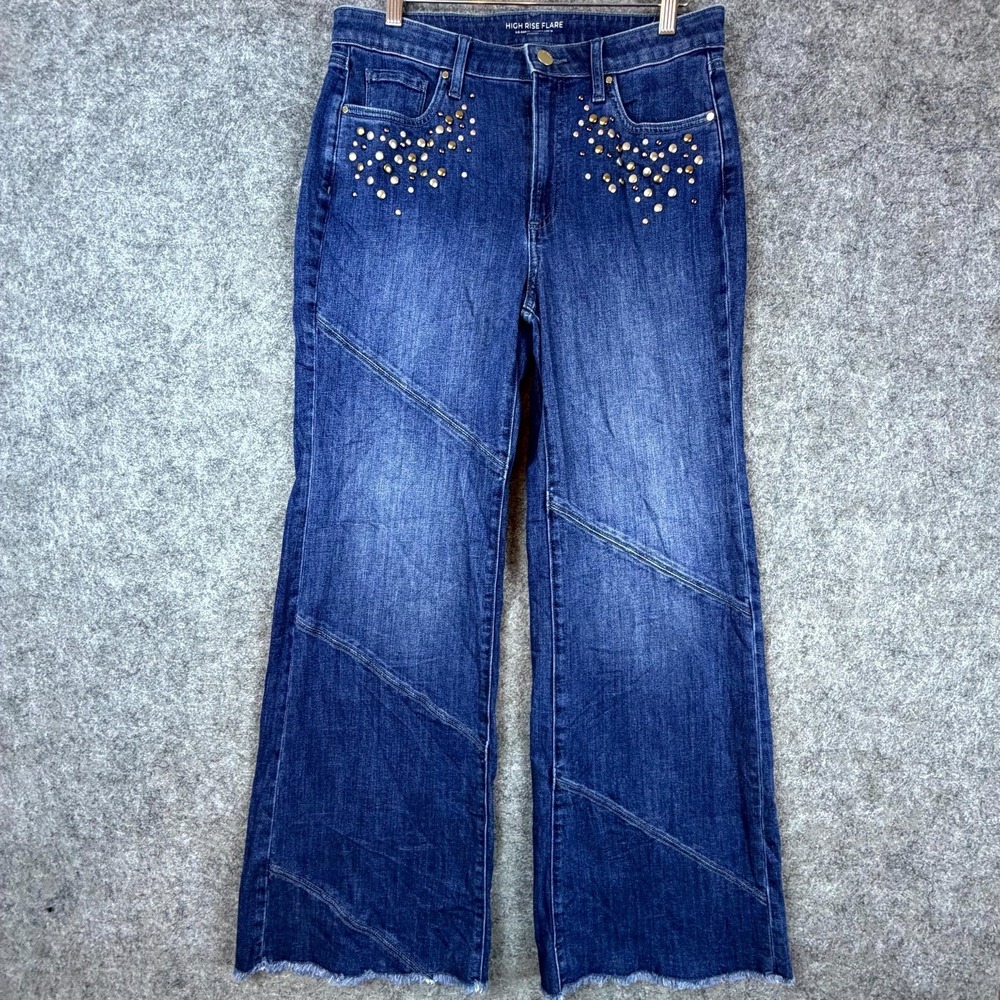 Chico's‎ Flare Jeans Womens 8 Blue Denim Wide Leg Embellished Studded Frayed Hem